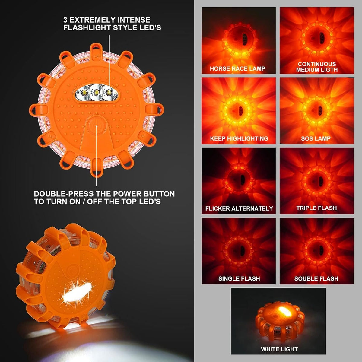 HEIGPAN GP904 LED Road Flares 4 Pack, Battery Powered Safety Warning Lights with Magnetic Base & Hook, 9 Flashing Modes for Roadside Emergency Car Truck Boat (Batteries NOT Included)