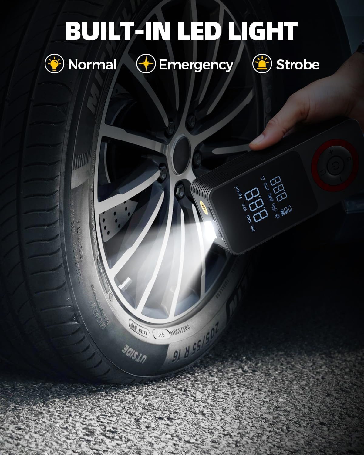 Tire Inflator Portable Air Compressor with Fast Inflation, Auto Shut-off, LED Light, Type-C Charge, Long Runtime, 12V Car Power Adapter, Storage Box