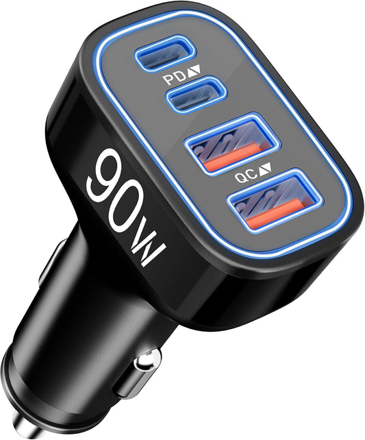 USB C Car Charger, 4-Port 90W Type C Super Fast Cigarette Lighter Adapter