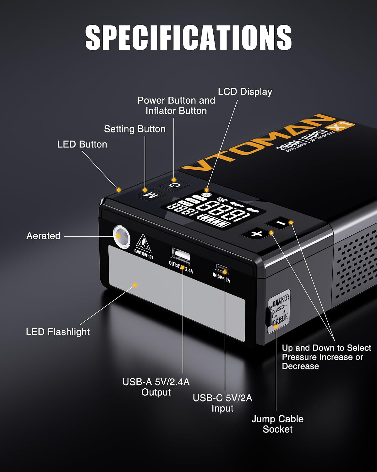 VTOMAN X1 Jump Starter with Air Compressor for Up to 8.5L Gas/6L Diesel