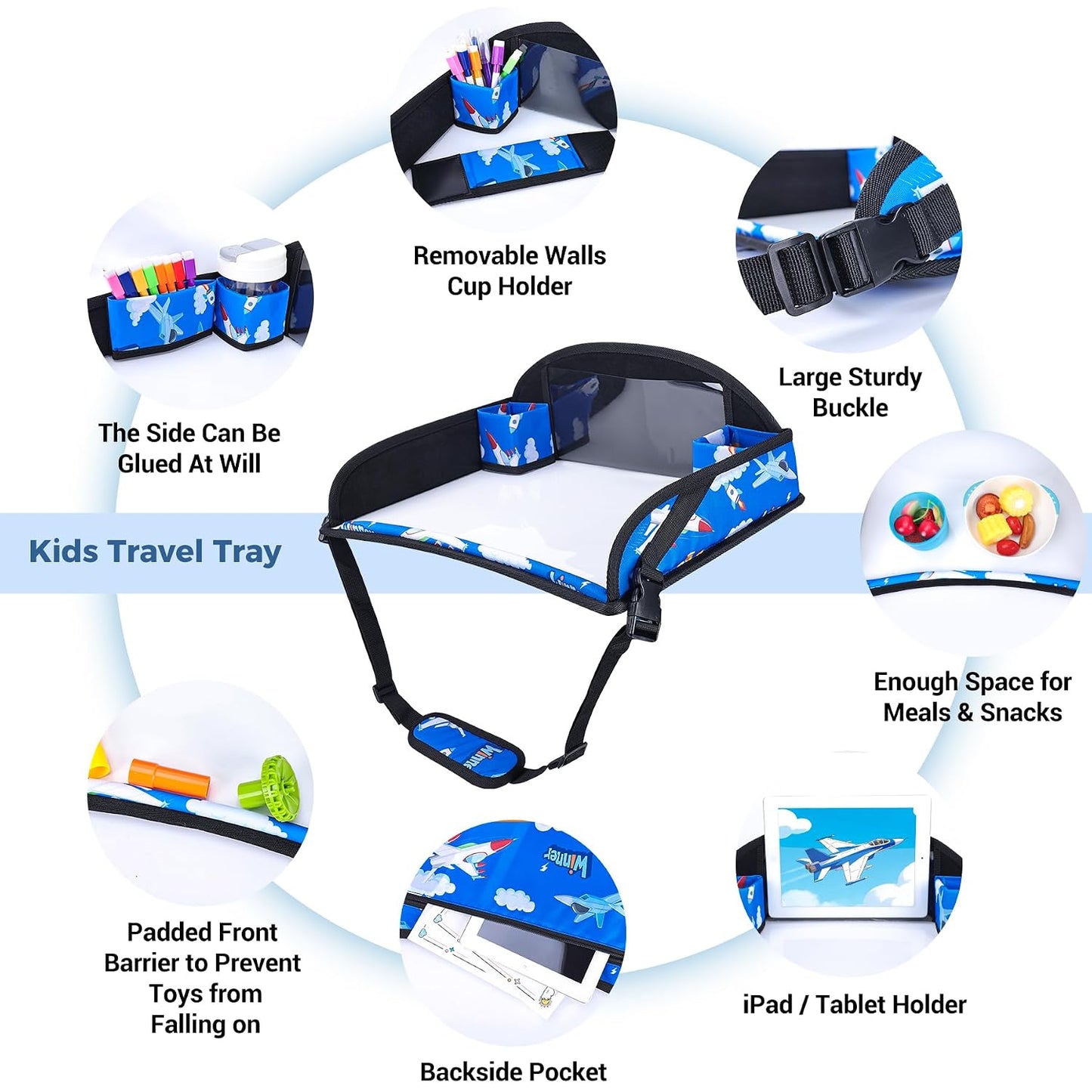 COOLBEBE Kids Travel Tray for Toddler Car Seat, Travel Tray for Airplane, Toddler Car Seat Lap Tray, Carseat Table Tray for Kids Travel Activities (Blue Plane)