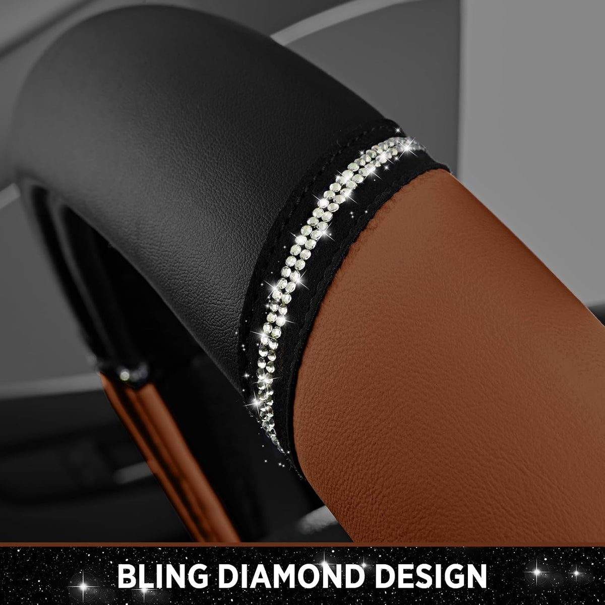 Road Comforts Leather Steering Wheel Cover - Made with PVC Leather Bling Design - Anti-Slip Wheel Cover Universal Fit Most 14 1/2 inches to 15 inches - Brown Color