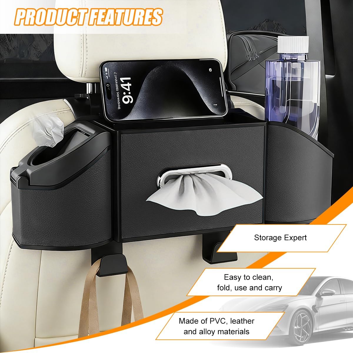 HZEL Car Seat Back Organizer, 7 in 1 Vehicle Backseat Storage Box with Cup Holder Tissue Box Trash Bin & Hooks, Multifunctional Auto Interior Headrest Organizer, Universal for SUV RV Truck (Black)