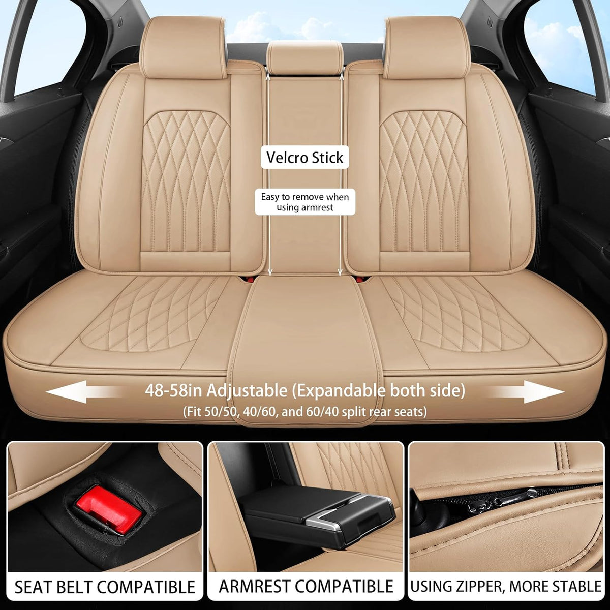 WELLDO Nappa Faux Leather Car Seat Covers Full Set, 5Seats,Beige