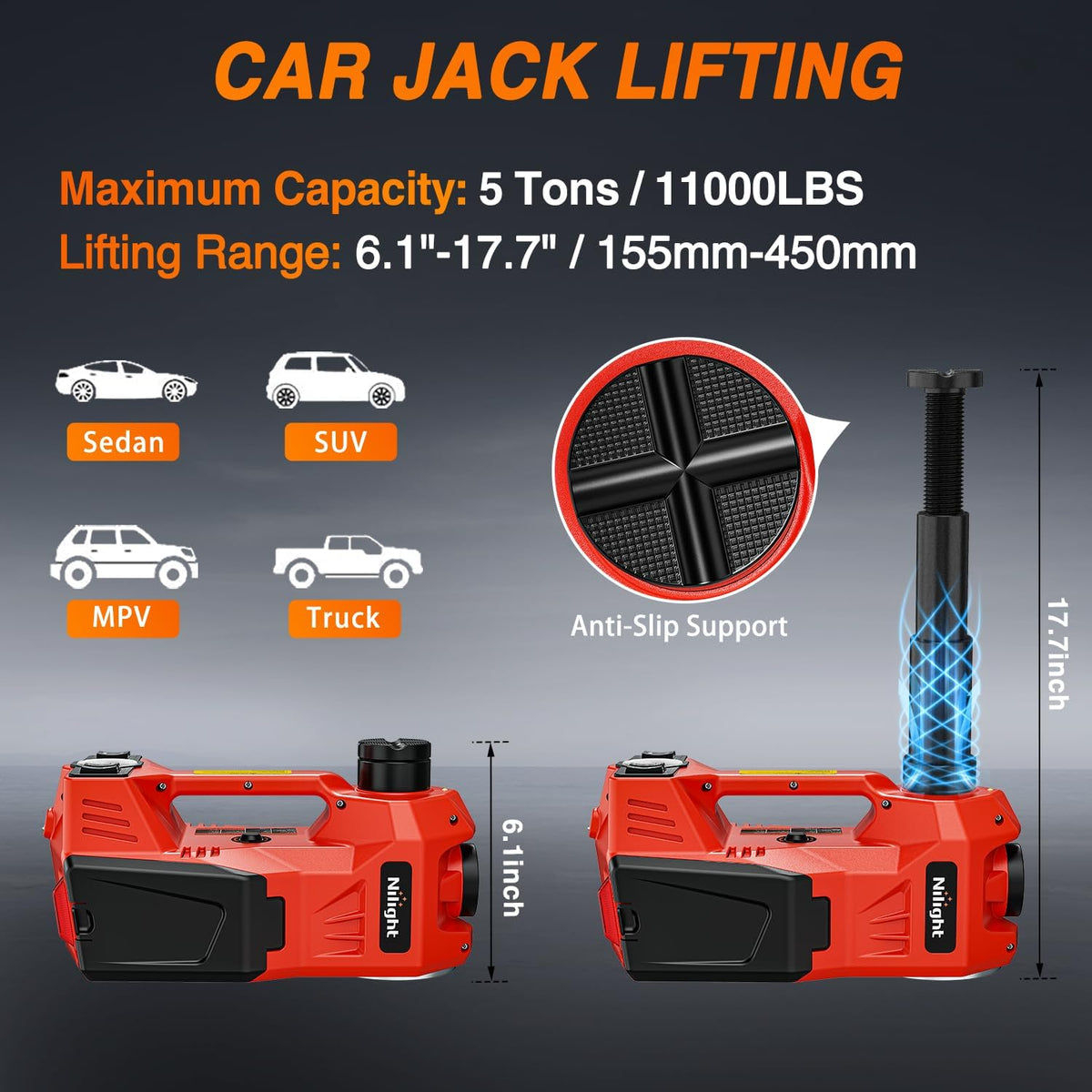 Nilight Electric Car Jack 5 Ton 12V Hydraulic Floor Jacks w Pump LED Light