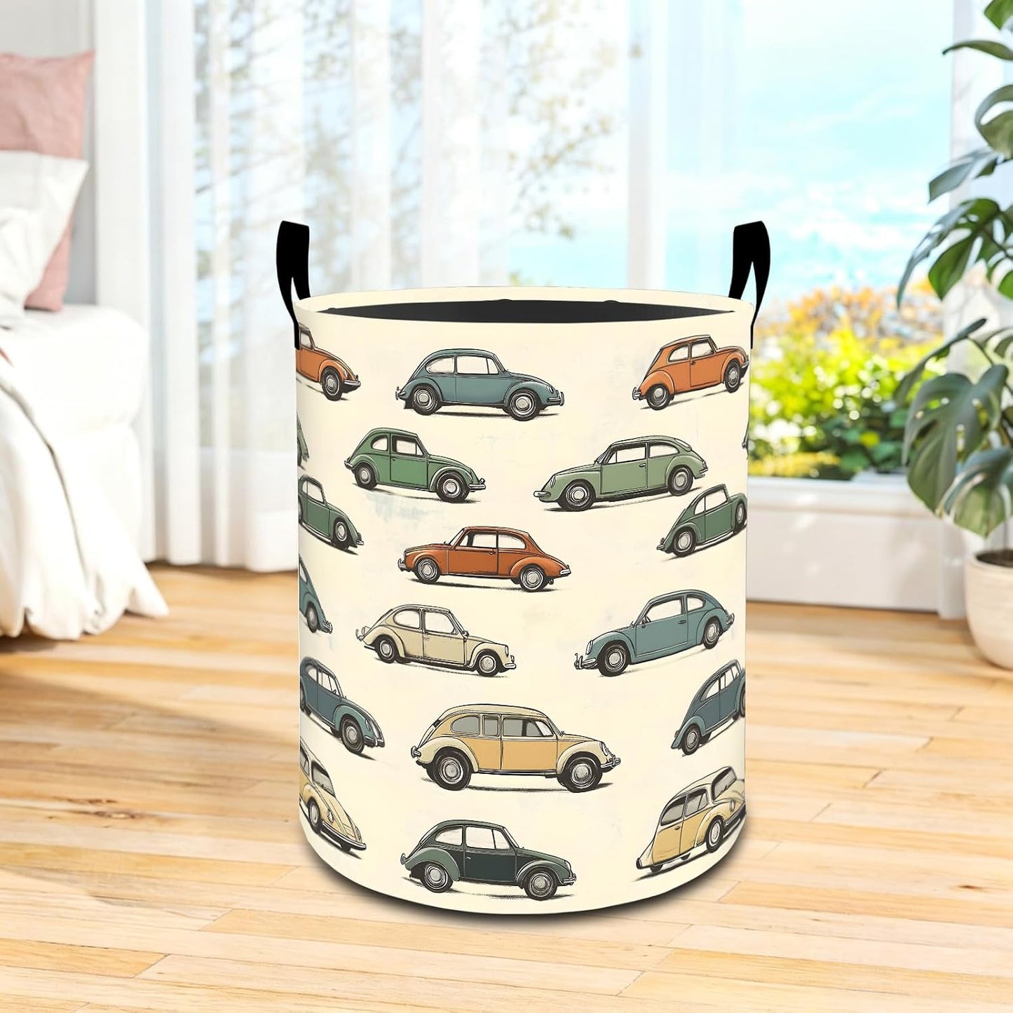 Classic Car Laundry Basket Vintage Vehicle Cartoon Waterproof Oxford Fabric Cloth Storage Hamper, 19.7x15.7 Inch Retro Auto Portable Dirty Baskets Decor Gifts for Living Room Bathroom