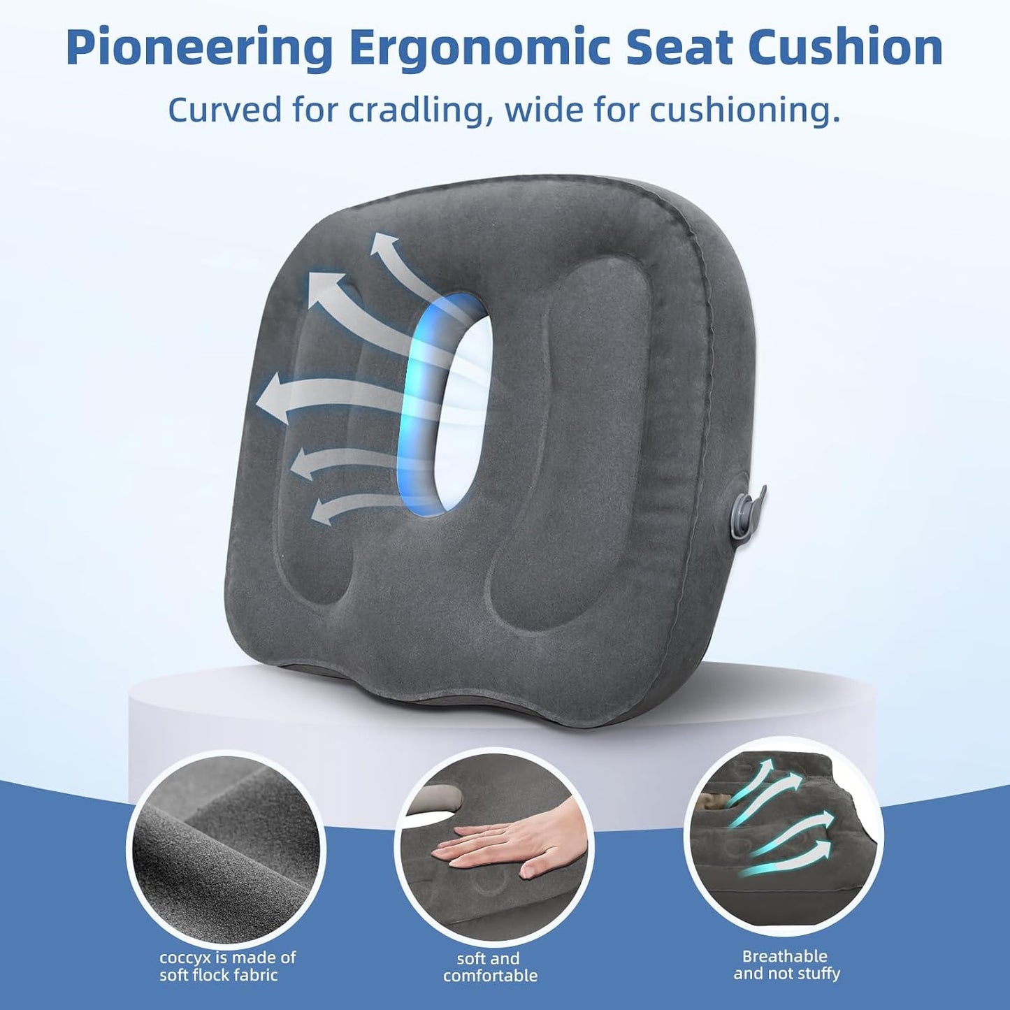 Sondor Travel Cushion,Air Seat Cushion,Evolution Cushion Portable & Lightweight Inflatable Seat Cushion - Ideal for Airplane Chairs, School Bleachers, Stadium Seats, and Wheelchairs (Gray)