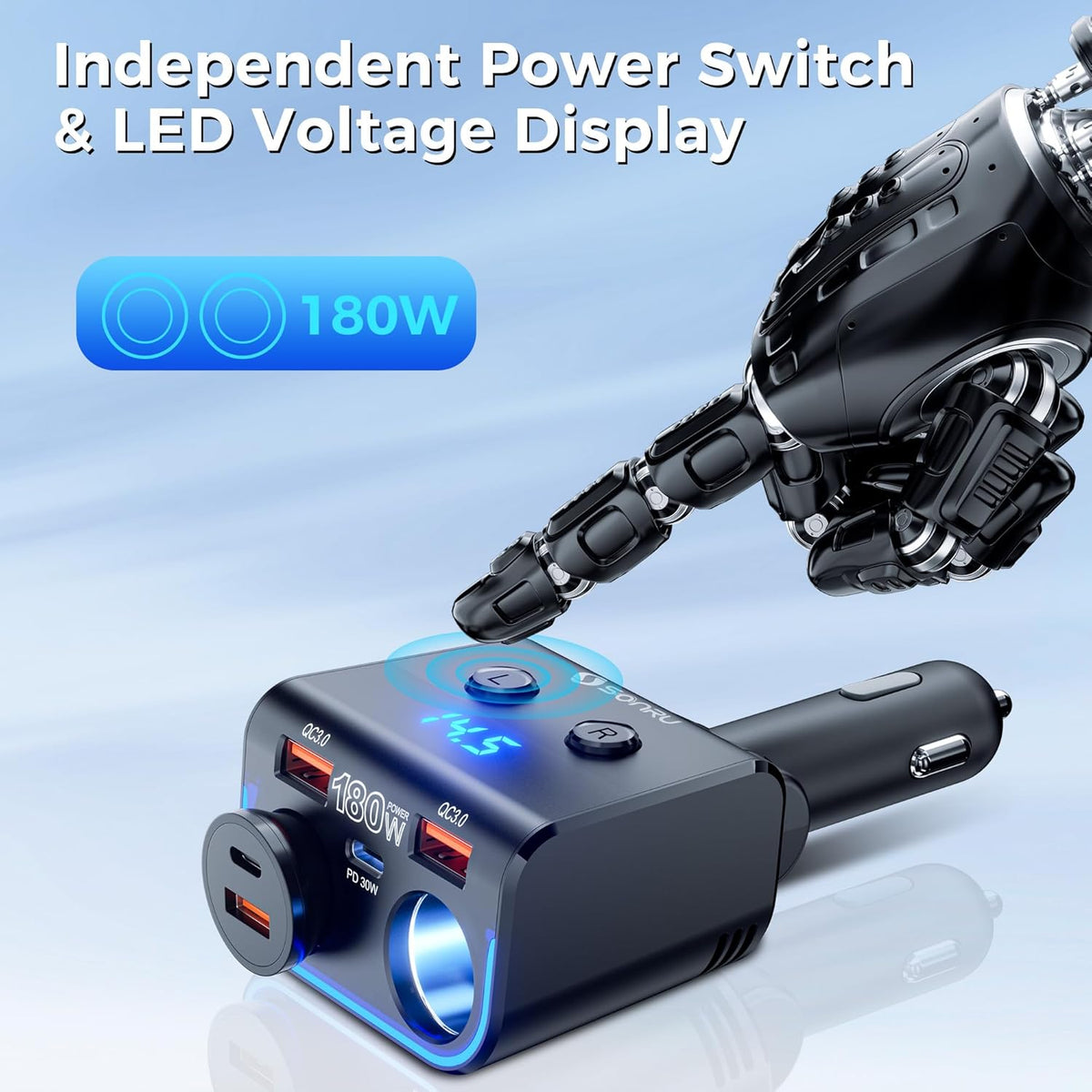 SONRU 180W Cigarette Lighter Splitter,30W PD Dual QC3.0 Car Charger Adapter
