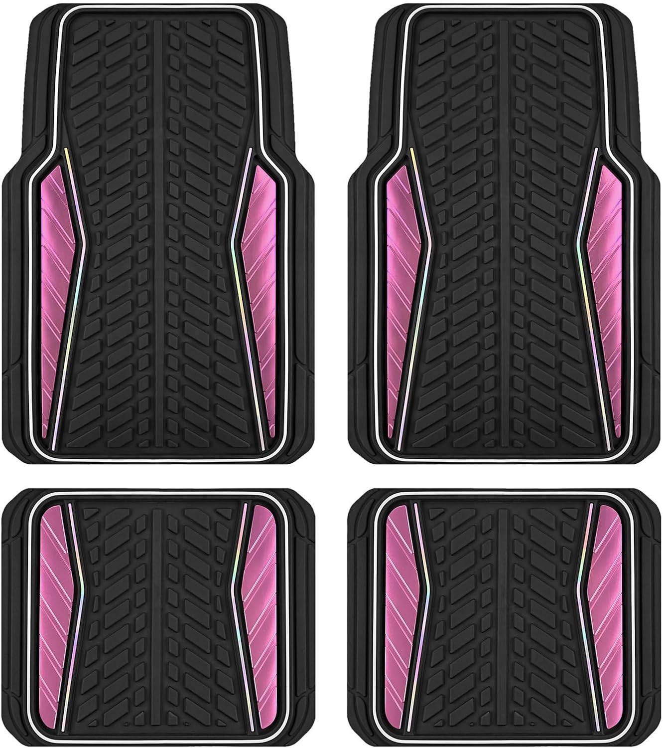 PIC AUTO Car Floor Mats, Pink Aluminum-Molded with Full-Circle Iridescent Inlay Strip Car Mats, Universal-Fit Rubber Mats for Cars, Trucks & SUVs, All-Weather, Non-Slip, Easy-to-Clean Interior Mats