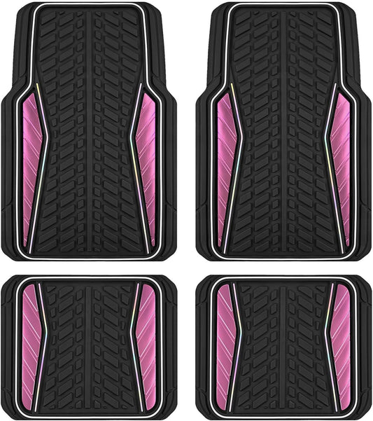 PIC AUTO Car Floor Mats, Pink Aluminum-Molded with Full-Circle Iridescent Inlay Strip Car Mats, Universal-Fit Rubber Mats for Cars, Trucks & SUVs, All-Weather, Non-Slip, Easy-to-Clean Interior Mats