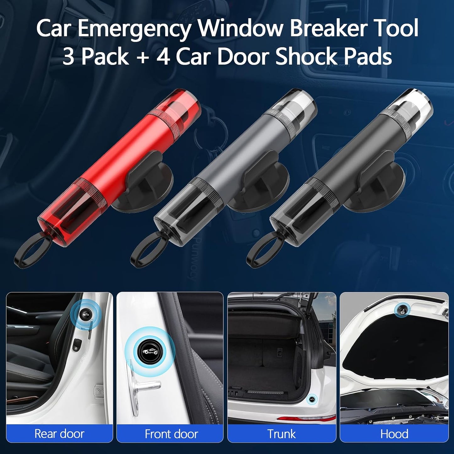 3-Pack Car Window Breaker and Seatbelt Cutter, Spring-Loaded Emergency Escape Tool, Glass Breaker for Underwater Use, 4 Car Door Shock Pads Included