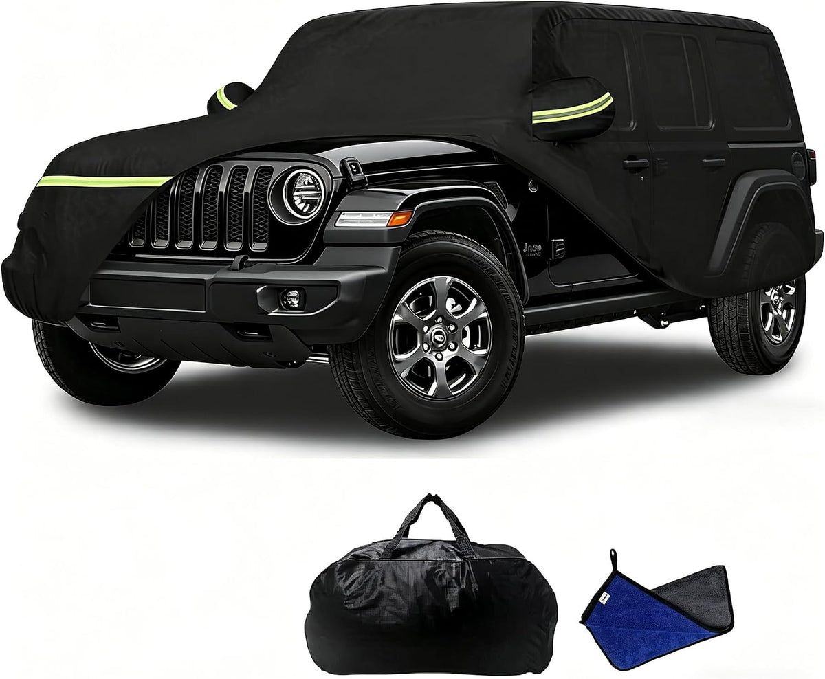 2026 Upgraded Car Cover for Jeep Wrangler 4 Dr/Unlimited 4 Door JK JL Car Accessories2006-2026, Waterproof Full Exterior Windproof Snow Proof Rain Sun Hail Protection with Door Zipper & Inner Cotton