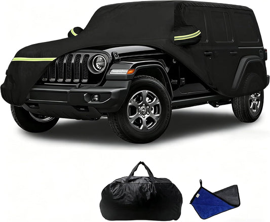 2026 Upgraded Car Cover for Jeep Wrangler 4 Dr/Unlimited 4 Door JK JL Car Accessories2006-2026, Waterproof Full Exterior Windproof Snow Proof Rain Sun Hail Protection with Door Zipper & Inner Cotton