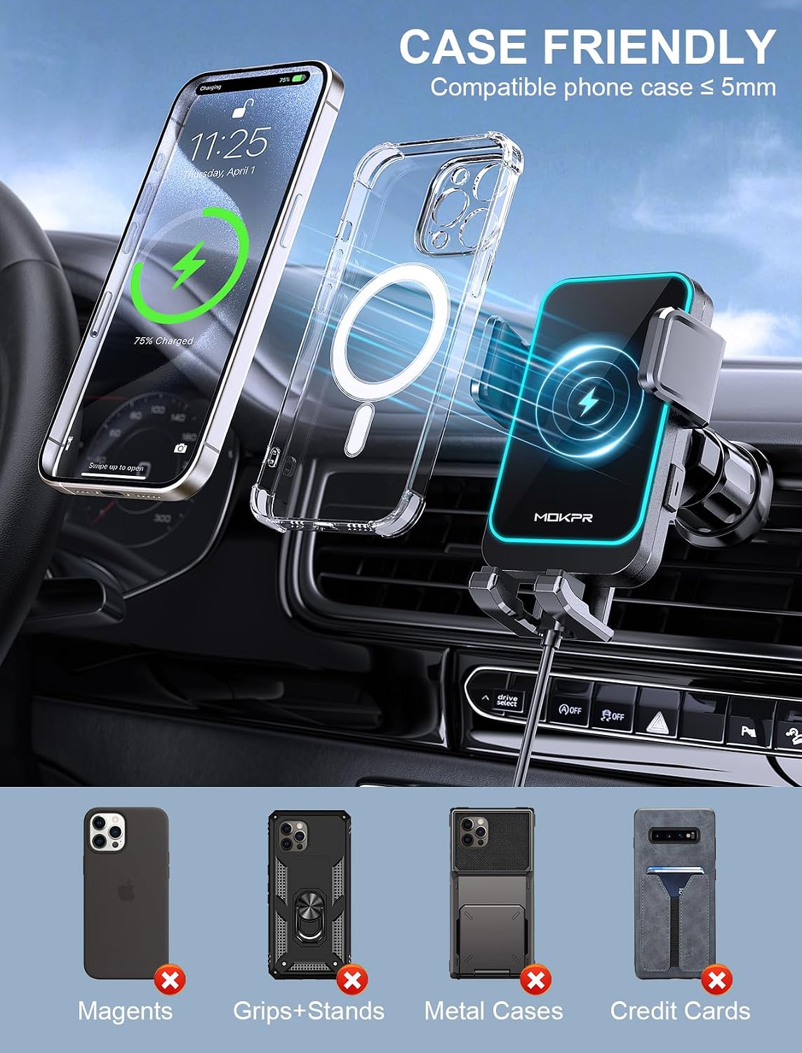 Wireless Car Charger, MOKPR 15W Auto Clamping Car Phone Holder Charger