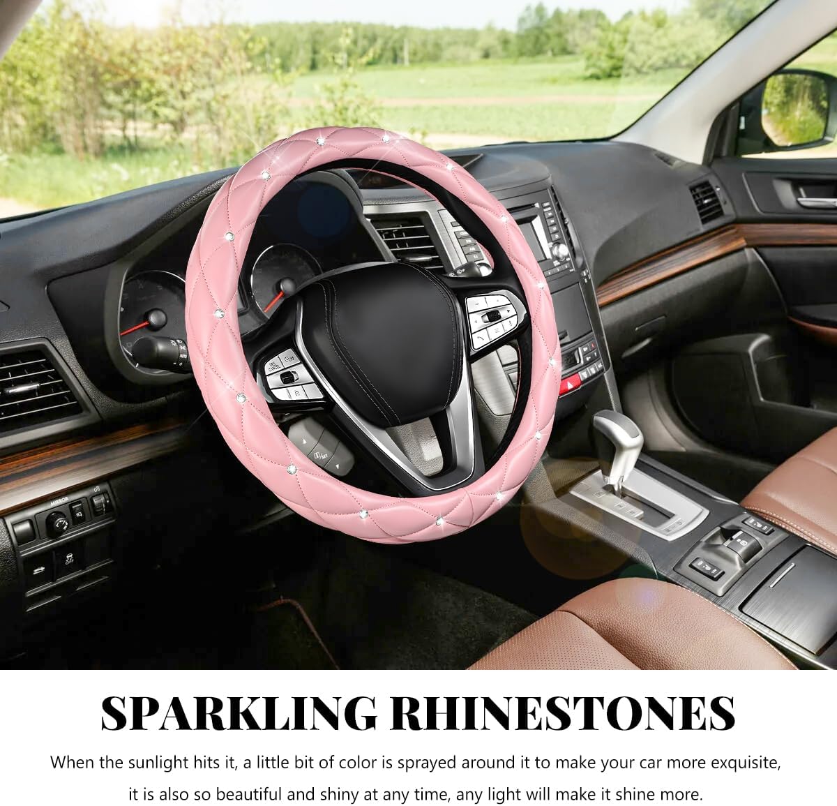 Bling Car Steering Wheel Cover, 15 Inch Diamond Leather Anti-Slip Auto Steering Wheel Protector, Cute Sparkly Rhinestones Wheels Cover Automotive Decoration for Women Girl (Pink)