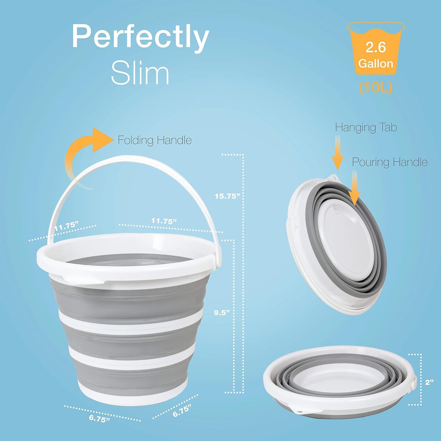 Brookstone Collapsible Bucket, Foldable Cleaning Bucket with Handle, Household Essentials Cleaning Basin and Dust Mop Bucket, Collapsible Wash Basin for Car Cleaning, [2.6 Gal. 10L] Round, White