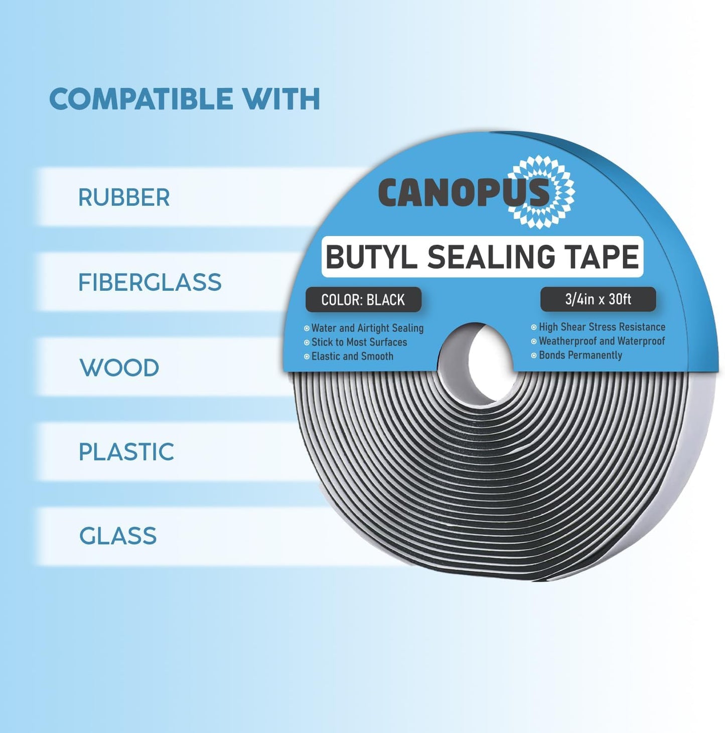 CANOPUS Butyl Seal Tape, Black, 1/8-in x 3/4-in x 30-ft, Heavy Duty, Waterproof Sealant Putty Tape, Rubber Tape to Seal RV, Boat, Home Pipes and Car Windows Leaks