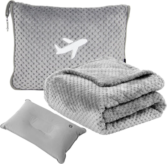 Travel Blanket Airplane Compact with Bag, Travel Essentials 3 in 1 Packable Airplane Blanket, Travel Pillow and Blanket Set, Inflatable Pillow, Luggage Sleeve & Backpack Clip (Light Grey)