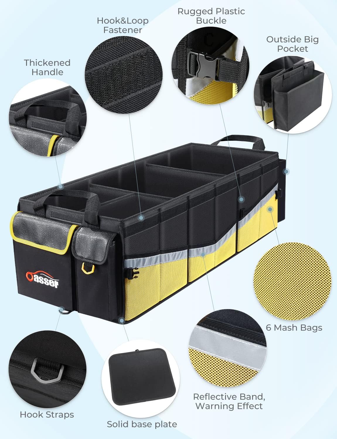 Oasser Trunk Organizer with Cooler Bag 95L, Bearing 110lb No Deformation, Collapsible with Multi Compartments, 20L Removable Insulated Bag, Foldable Lid, Non Slip Bottom, 2 Straps (Black&Yellow)