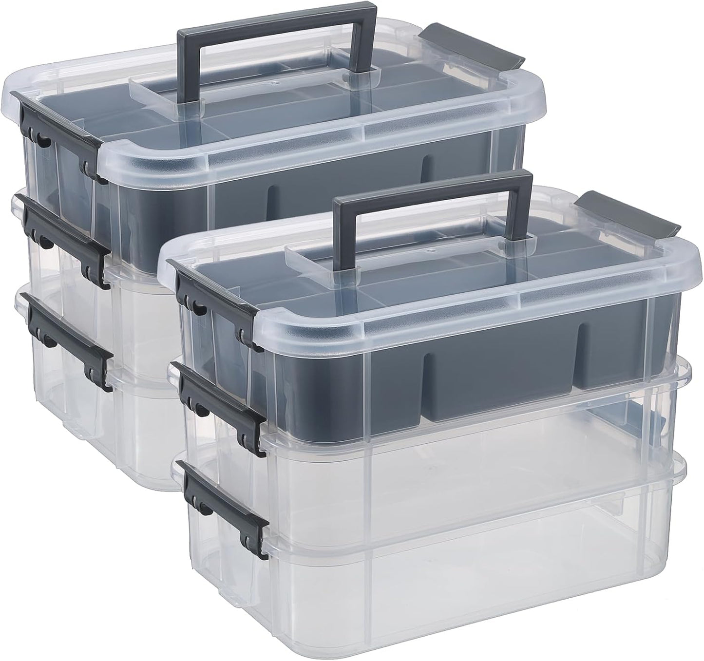 JUXYES 3-Tiers Plastic Stack Carry Storage Containers Box wih Handle Lids | 2 Pack Clear Stackable Craft Storage Bin for School &amp; Office Supplies, Organizing Stationery, Sewing, Art Craft, DIY Supplies