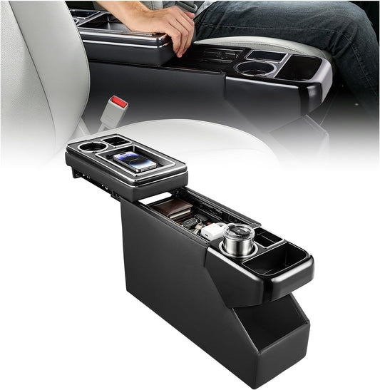VEVOR Center Console Between Seat Floor Mount Console Storage Box, Central-Console Tools Organizer with Sliding Lid, Cups Holders & Multiple Storage Compartments for Trucks, Minivans, SUVs