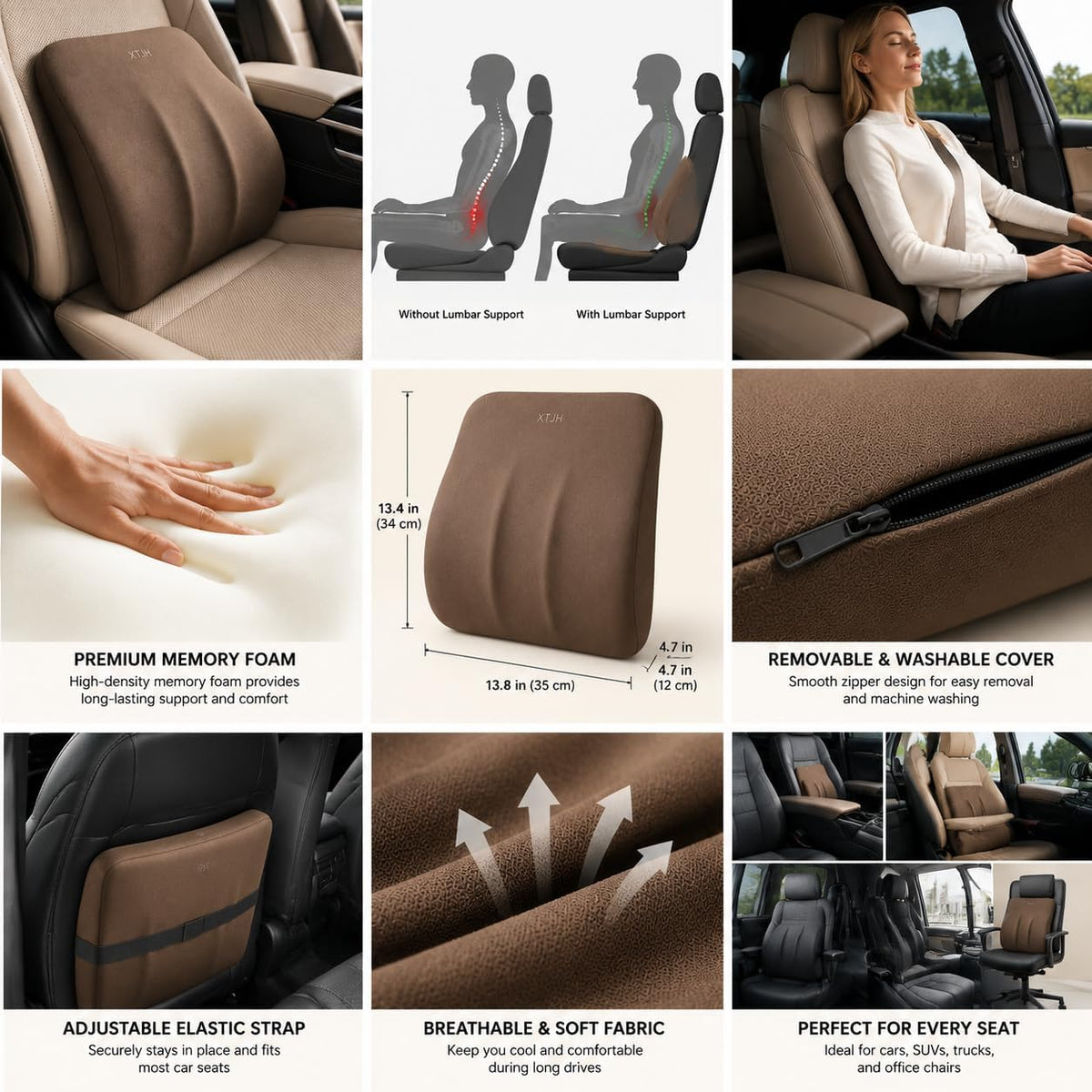 Lumbar Support Pillow for Car, Ergonomic Memory Foam Back Cushion for Driving Comfort, Breathable Lower Back Support for Car Seat, Truck, SUV & Office Chair (Brown)