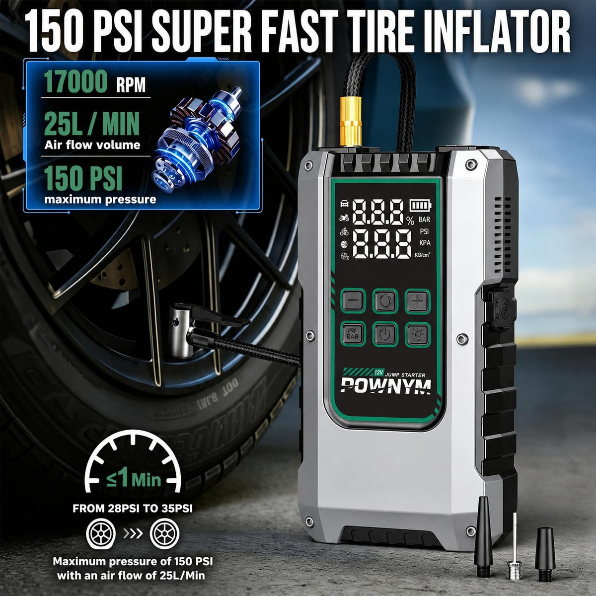 Portable Car Jump Starter with Air Compressor All Gas/12.0L Diesel