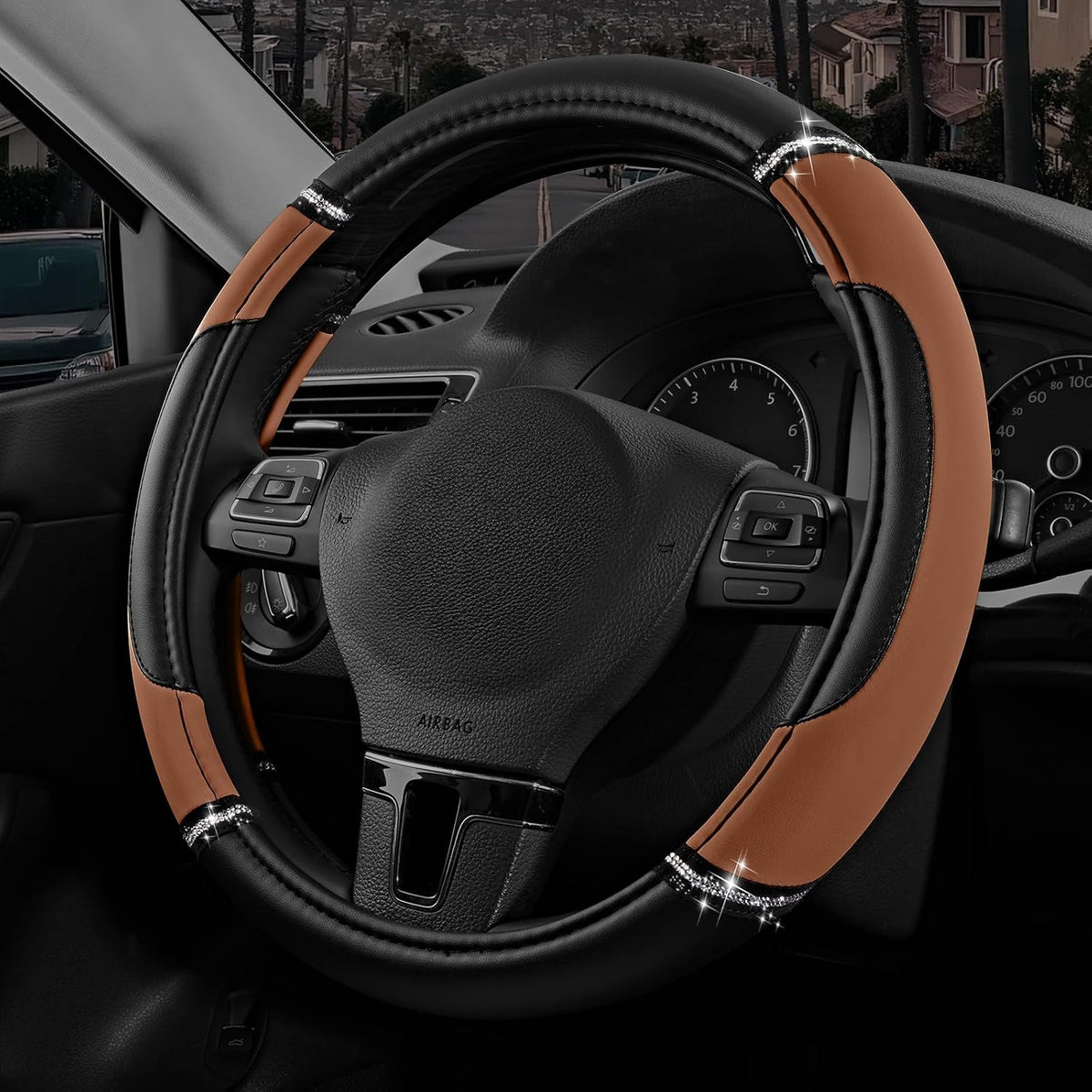 Road Comforts Leather Steering Wheel Cover - Made with PVC Leather Bling Design - Anti-Slip Wheel Cover Universal Fit Most 14 1/2 inches to 15 inches - Brown Color
