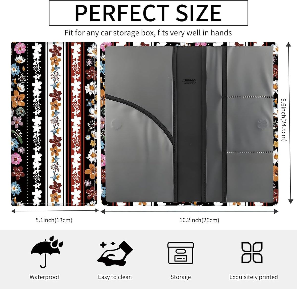 Premium Car Registration and Insurance Card Holder, Cute PU Leather Car Document Holder, Vehicle Glove Box Car Organizer with Magnetic Closure for Driver License, Cards Stripe Floral