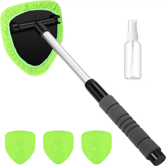 Windshield Cleaning Tool with Extendable Handle, Car Interior Window Cleaner Kit with 4 Reusable Microfiber Pads, Inside Windshield Cleaner for Auto & Home Glass (New) (Green)