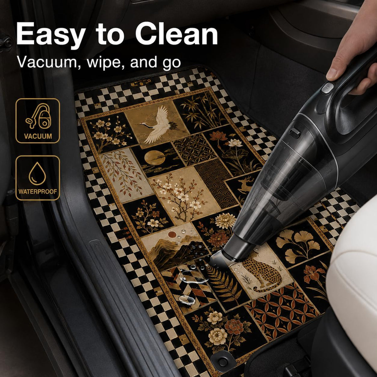 Crane Oriental Patchwork Car Floor Mats 4 Piece Set, Checker Flora Universal Auto Floor Mats for Cars SUVs Trucks, Non-Slip Easy Clean Durable All-Weather Interior Mats