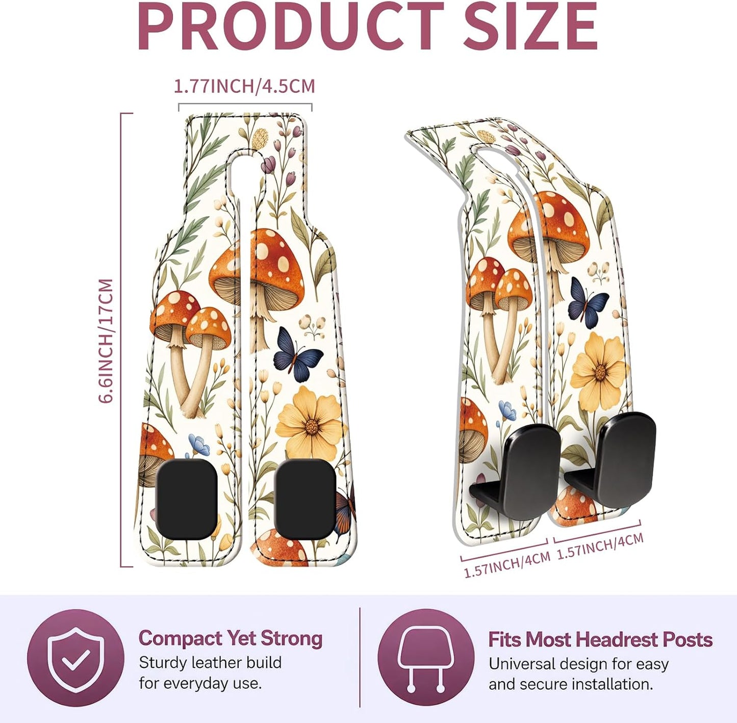 Car Seat Back Storage Hook, Funny Car Purse Hook, Cute Vehicle Storage Organizer for Purses Handbags Cute Mushroom Floral