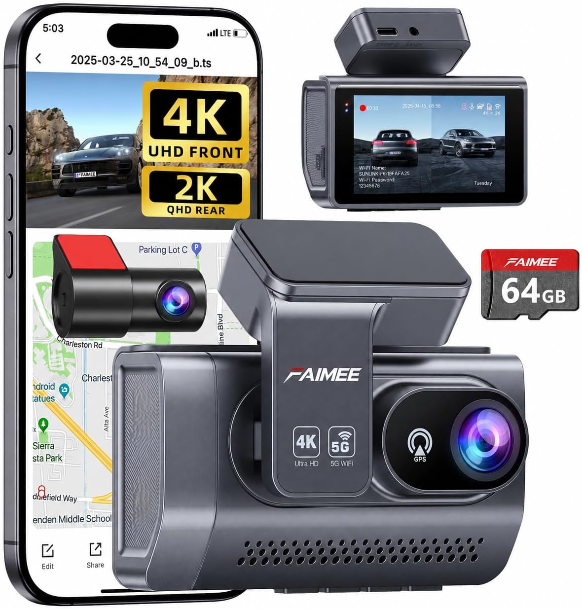 FAIMEE 4K Dash Cam Front and Rear, Night Vision, WDR, Free Card Included