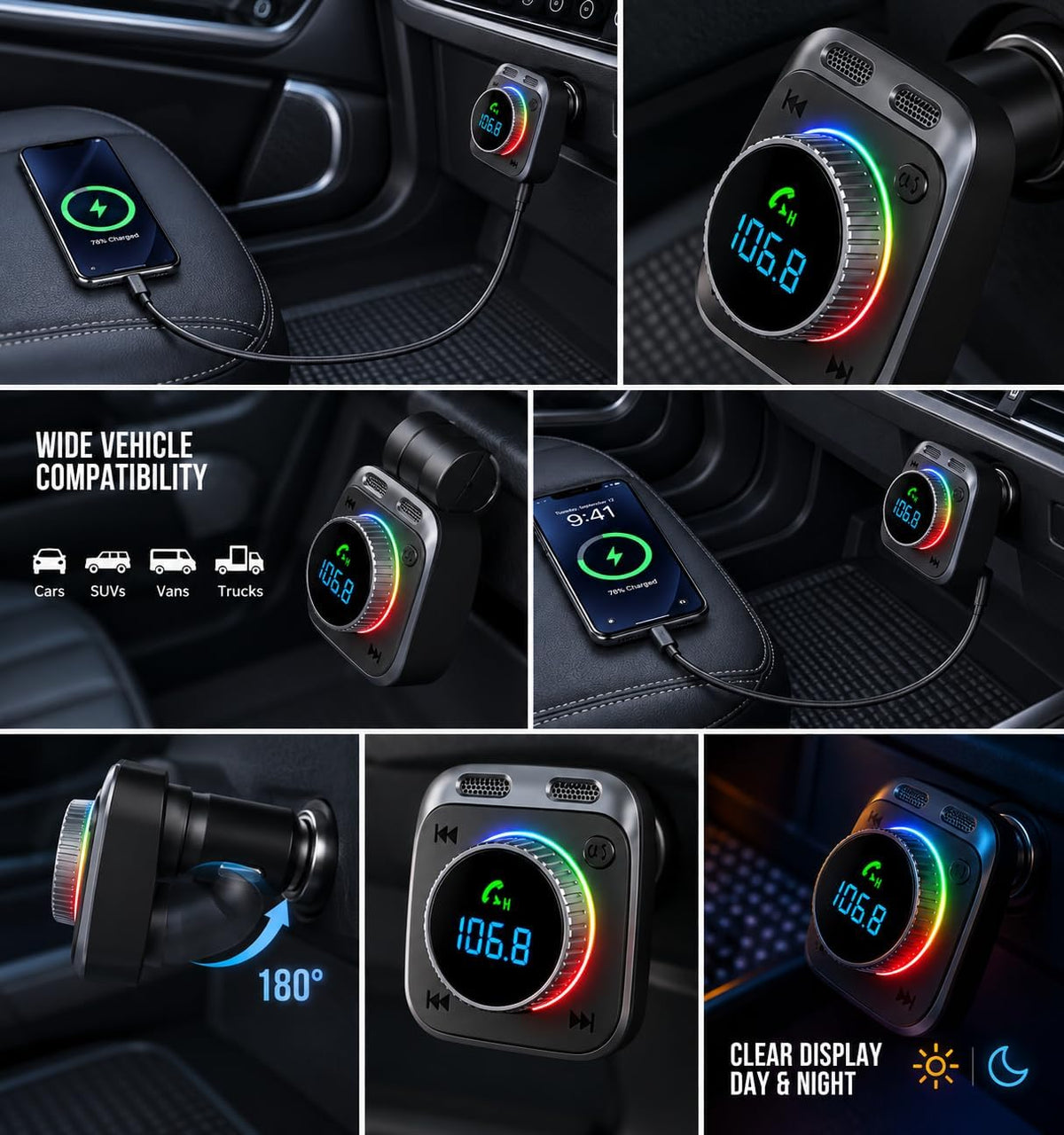 TRON TR128 72W Bluetooth 5.4 FM Transmitter Car Charger, Retractable USB-C Cable, Hands-Free Calling, Hi-Fi Bass, USB-C& A Ports, 12V-24V Compatible