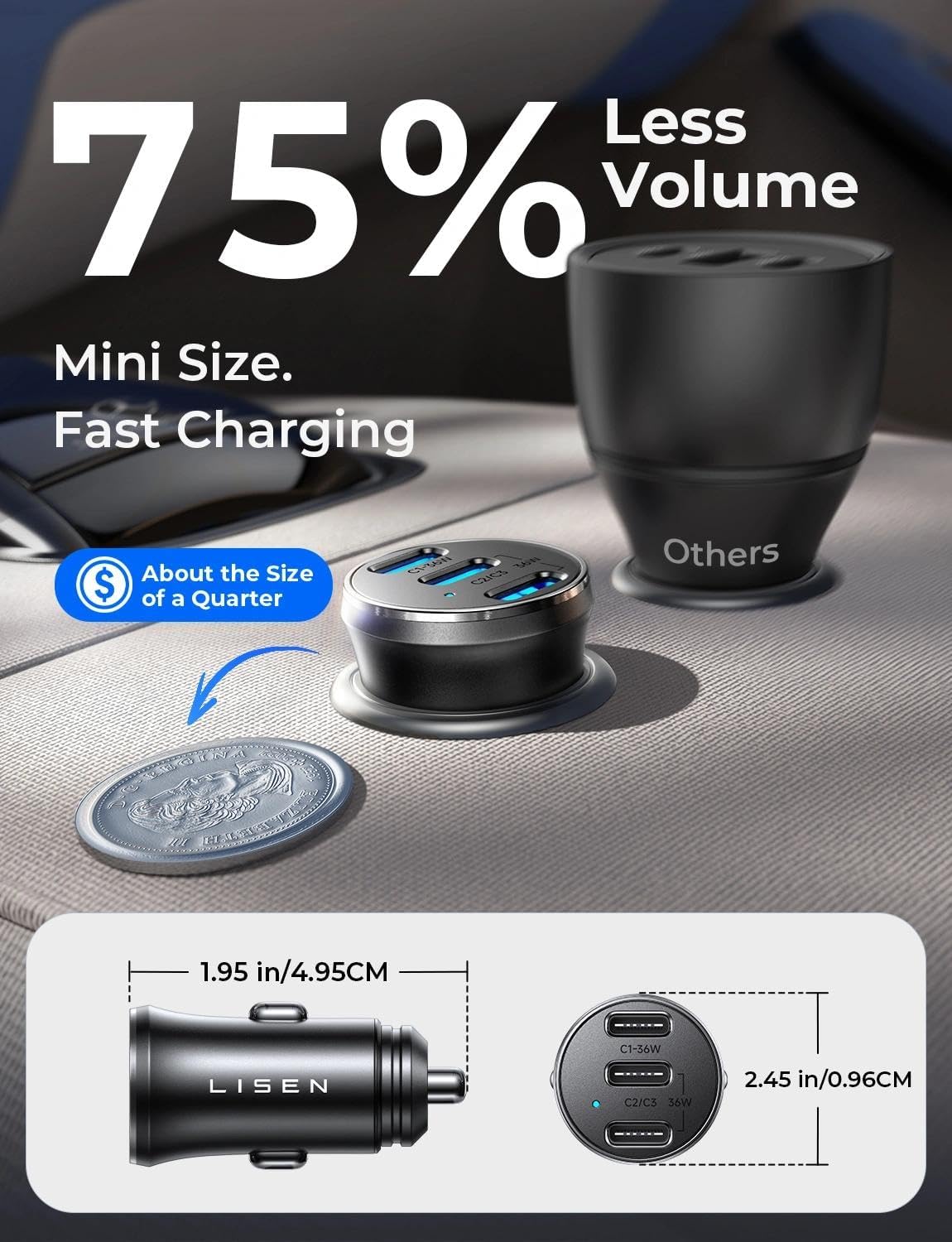 LISEN 108W Car Charger USB C Fast Charging for iPhone Duo 3-Port Cigarette Lighter Adapter Super Fast Charge 12V Type C Cell Phone Automobile Chargers for iPhone 18 17 16 15 Pro Max Samsung S26 Pixel