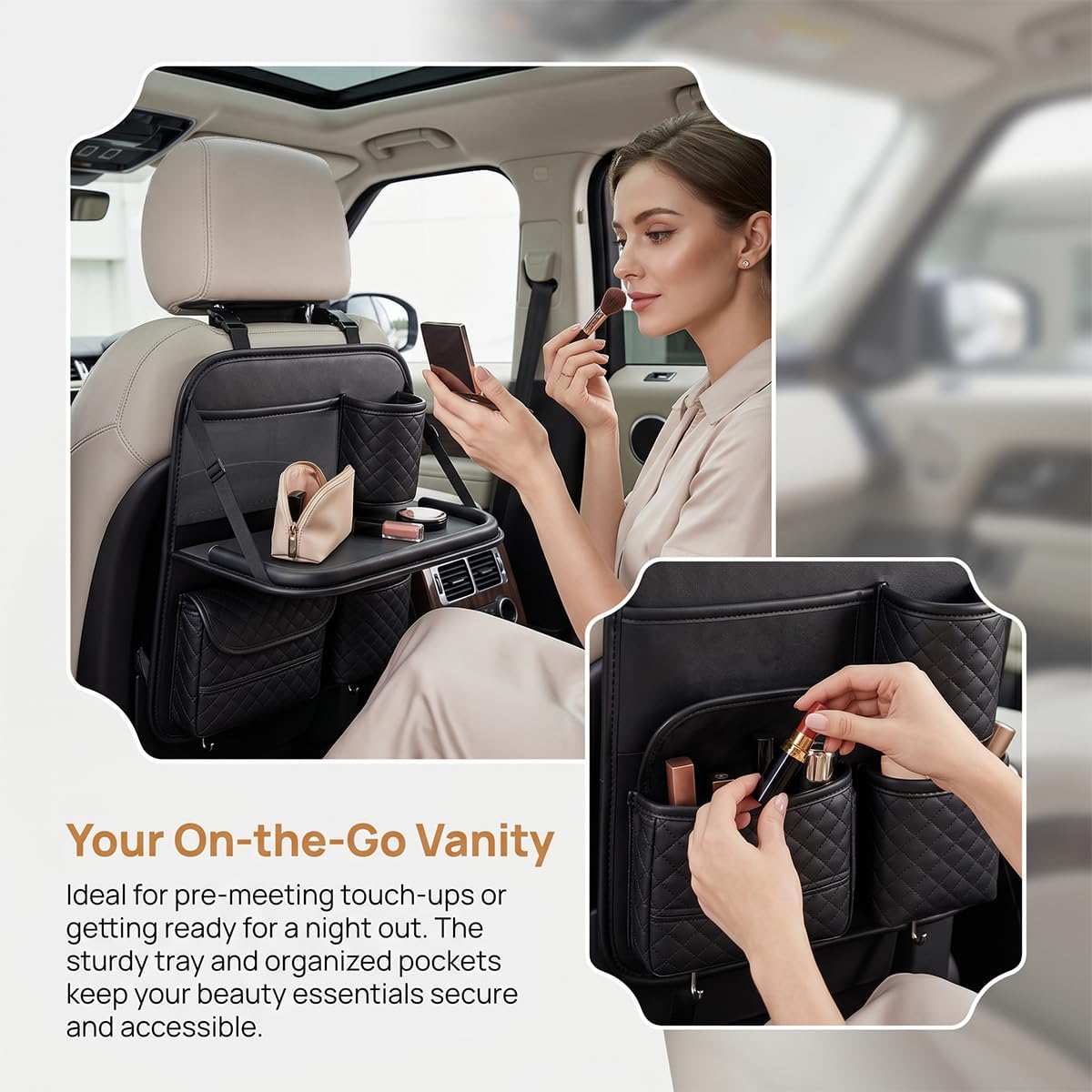 Car Backseat Organizer with Tablet Holder, Back Seat Protector with Storage Pocket & Foldable Food Tray, Auto Kick Mat Backseat Organizer Accessories for Travel Trip, Universal Fit (Black)
