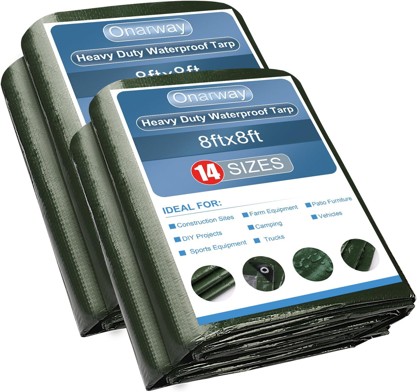 Onarway Poly Tarps Waterproof for Outdoor: Green Tarpaulin 6Mil Thicken 8x8 Ft 2Packs- Anti-UV Waterproof Tarp Cover with Grommets Multipurpose for Boat Pool Roof Camping