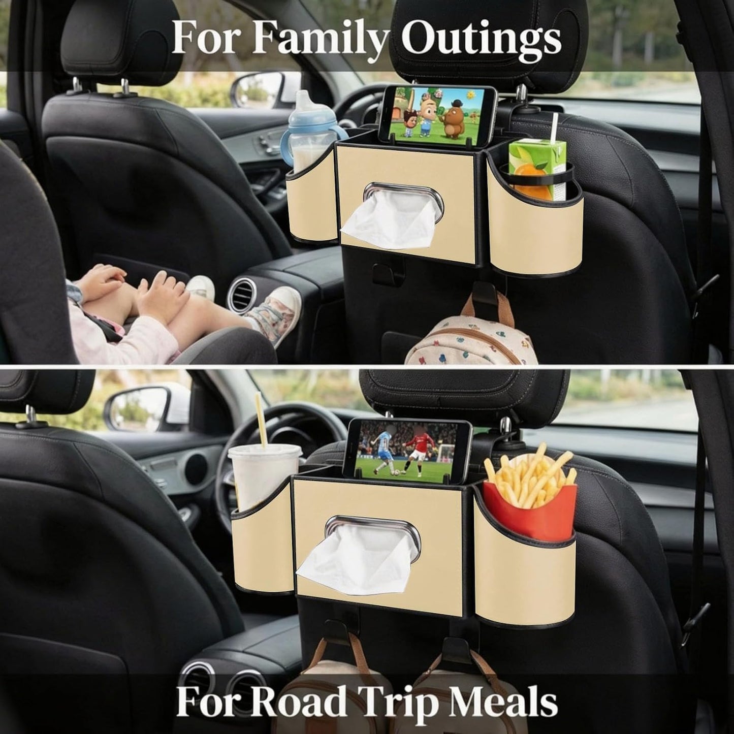 Back Seat Car Organizer, Nappa Leather Car Seat Organizer with Cup Holders and Tissue Box, Premium Hanging Storage Bag for SUV Truck Road Trip (Beige)