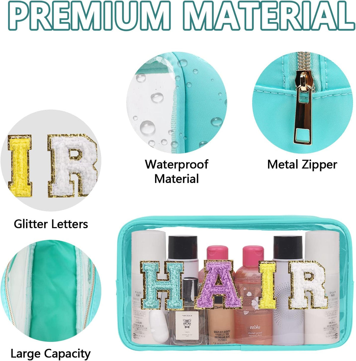 Iqimott Clear Patch Makeup Bag Hair Pouch, Preppy Personalized Chenille Letter Cosmetic Pouch for Travel, Nylon Waterproof Organizer Travel Essentials Zipper Toiletry Bags for Women Girls(Green)
