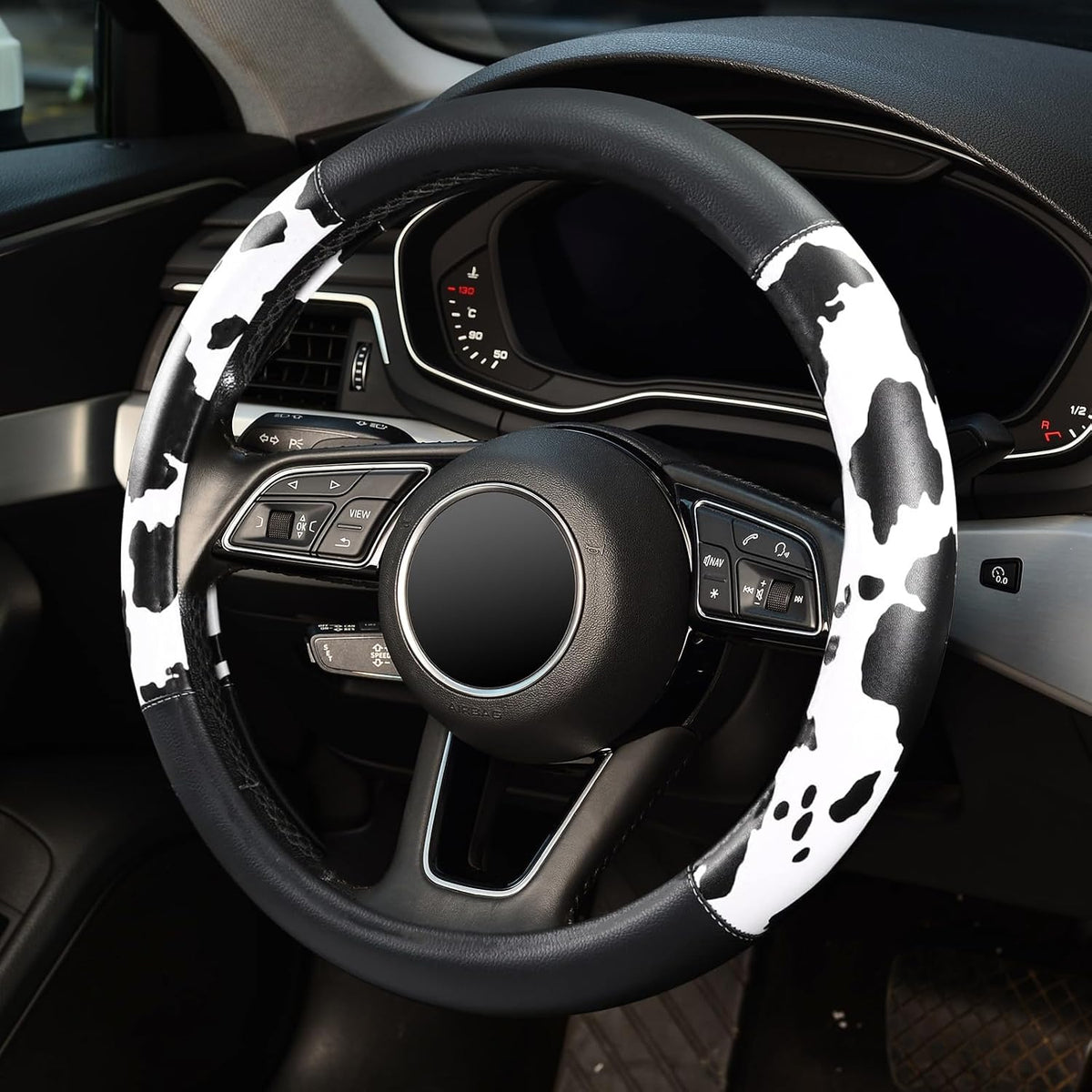 Cow Print Steering Wheel Cover,14.5-15",Microfiber Leather,Anti-Slip,Women