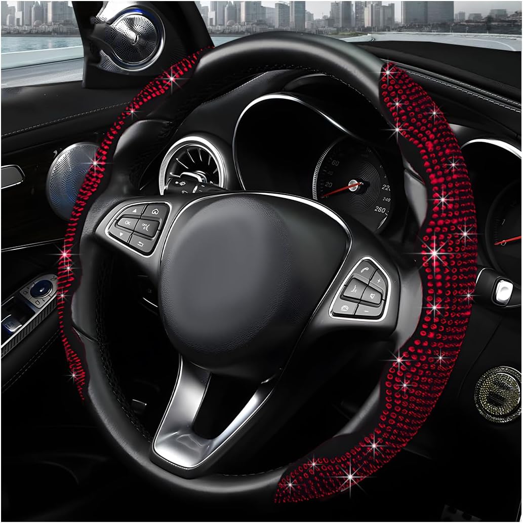 2PCS Steering Wheel Cover, Sparkling Rhinestone Segmented Steering Wheel Protector Fit 14-15.6 Inch, Non-Slip Wheel Wrap Cover Bling Car Interior Accessories for Women Girls (Blue)