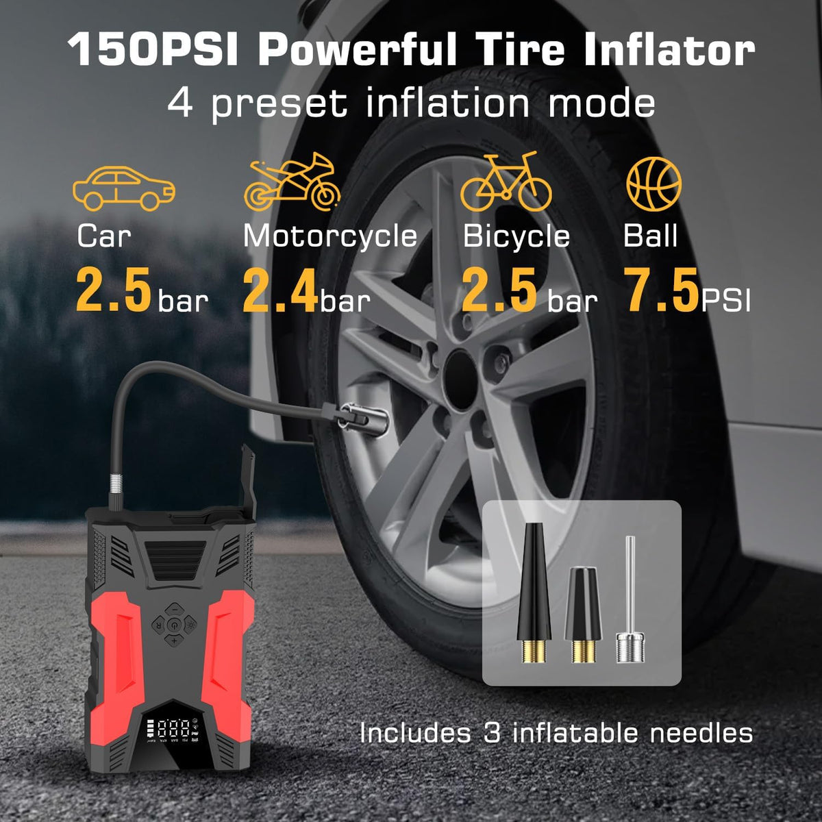 Car Jump Starter with Air Compressor, 3000A Peak Portable Battery Built-in Air Compressor and Air Hose, 150PSI Tire Inflator Up to 7.0L Gas/5.0L Diesel USB QC 3.0 10000mAh Power Bank, LED Flashlight