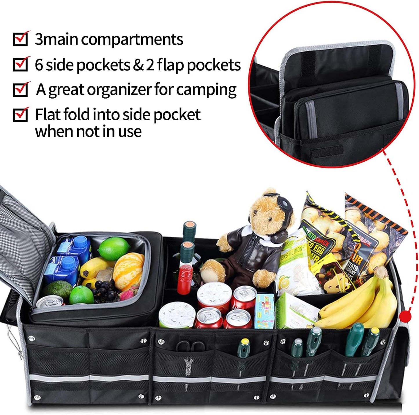 Car Trunk Organizer with Removable Cooler Bag - Collapsible Multi-Compartment Storage for SUV Truck Groceries Camping, Durable Nylon Auto Cargo Organizer (Black)