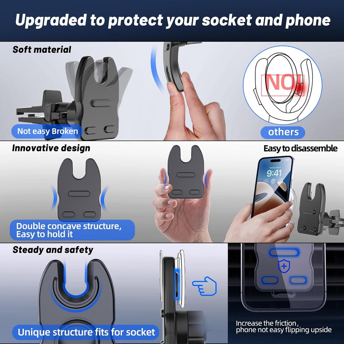 Socket Car Mount for Dashboard Air Vent Windshield,Car Phone Holder for Socket Grip with 2 Mounts,3 in 1 Stable Air Vent Clip Powerful Suction Cup Phone Holder Fit for All Car