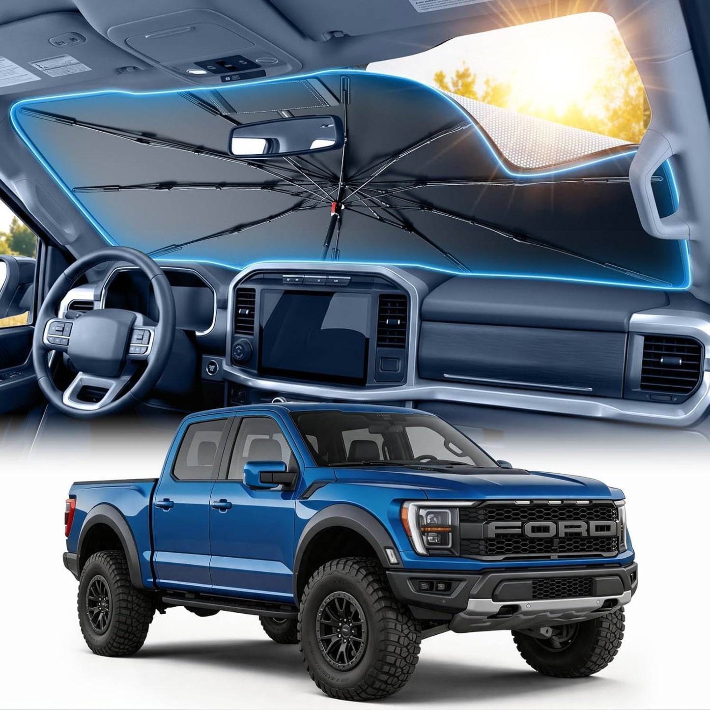 for Ford F150/250/350/450 Windshield Sun Shade Umbrella [10-Rib Anti-Sagging, 100% Full Cab UV Block] Custom Fit Foldable Sunshade with Fast Storage Bag, for Ford F150/250/350/450 (2015-2025)