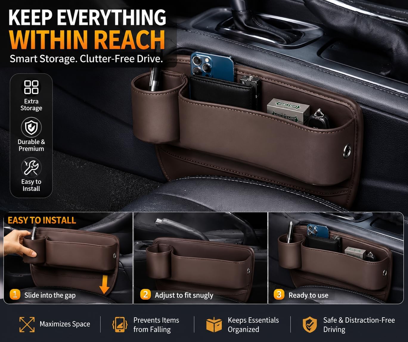 Car Seat Gap Filler Organizer with Cup Holder, Premium Leather Seat Gap Filler, Anti-Drop Car Seat Gap Organizer for Phone, Keys & Wallet, Universal Front Seat Console Organizer for Car, SUV & Truck
