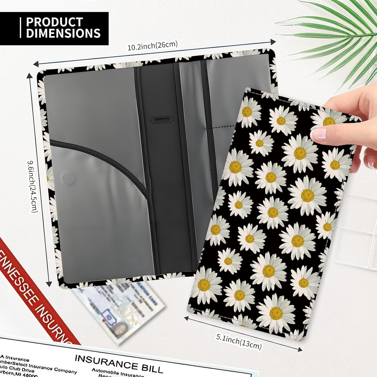 Leather Car Registration and Insurance Card Holder, Cute Car Accessories Vehicle Glove Box Car Organizer for Documents, Cards, License Cute Black Daisy Flower