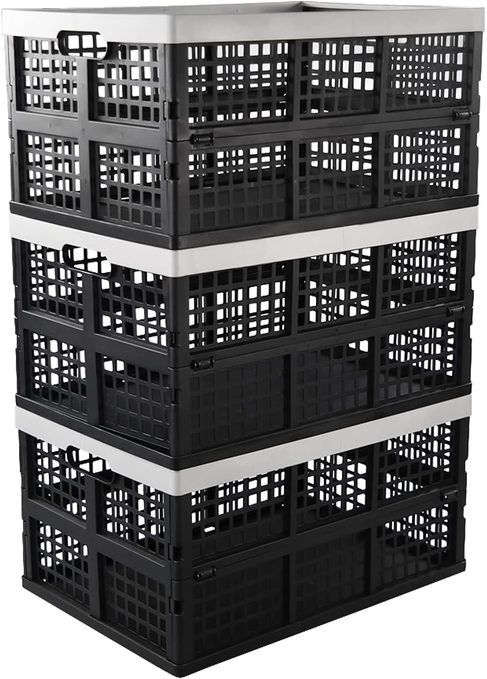 3-Pack Plastic Crates, 42L Foldable Baskets, Collapsible Crates | Stackable Storage Container, Baskets and Bins for Organizing Tools, Books, Food, Drinks, Camping, Shopping & Transport