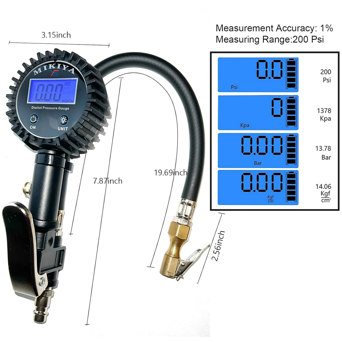 Digital Tire Pressure Gauge with Inflator, 250 PSI,Heavy Duty Air Compressor Accessories, with Rubber Hose Lock on Air Chuck and Quick Connect Coupler (YS-DTP-B)