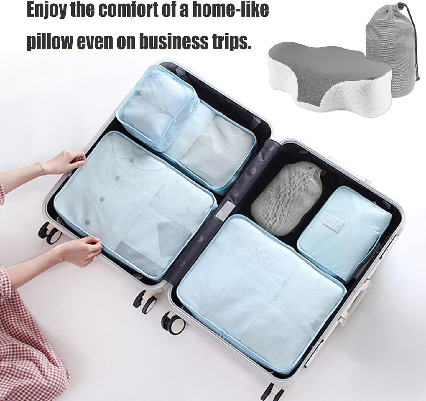 Bespilow Travel Cervical Pillow for Bed Sleeping, Small Memory Foam Neck Pillow with Cooling Washable Cover, Compact Ergonomic Neck Support Pillows for Car Camping, RV, Road Trip & Passenger Seat
